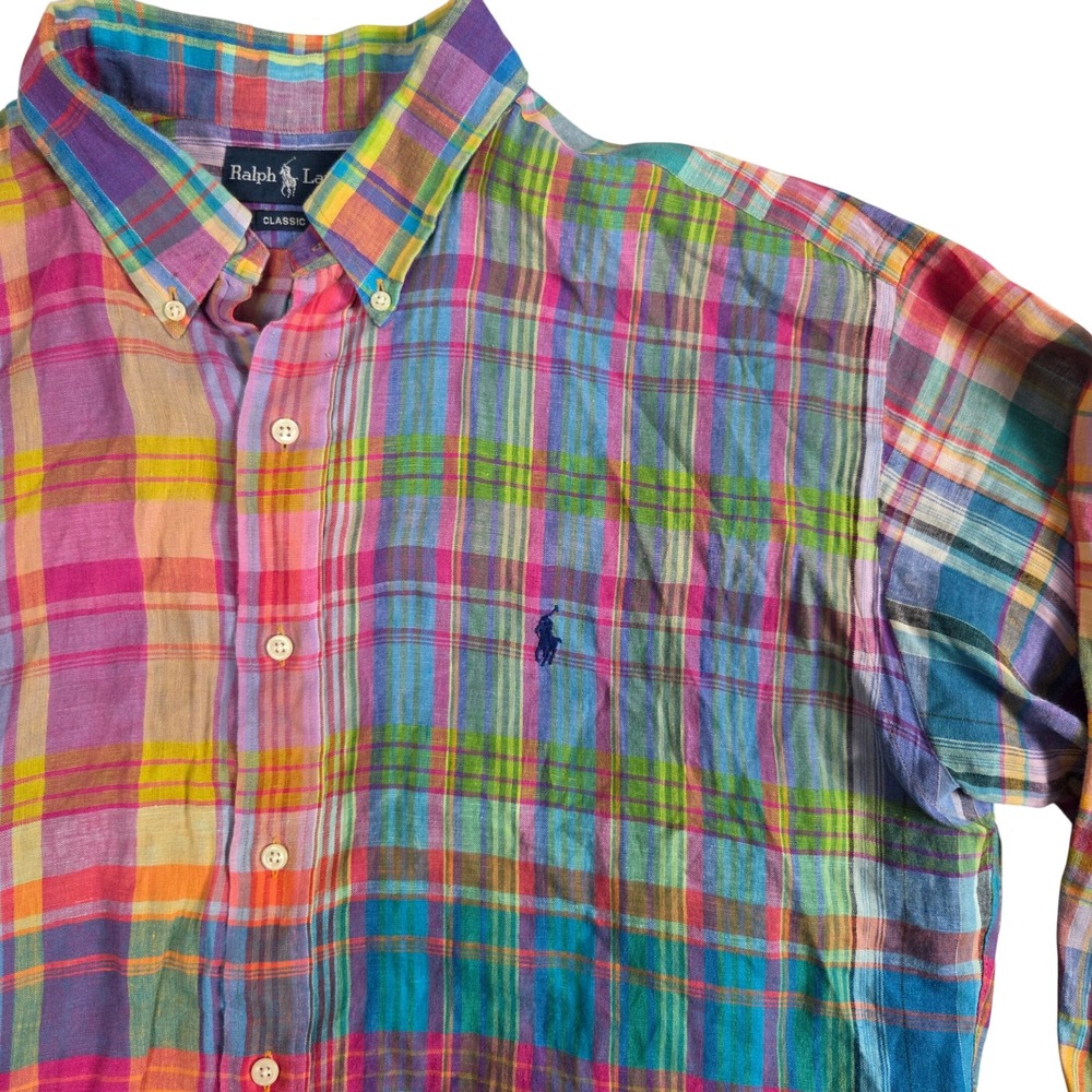 Ralph Lauren Button Down Mens XL Multi Color Excellent Linen Plaid Classic Fit